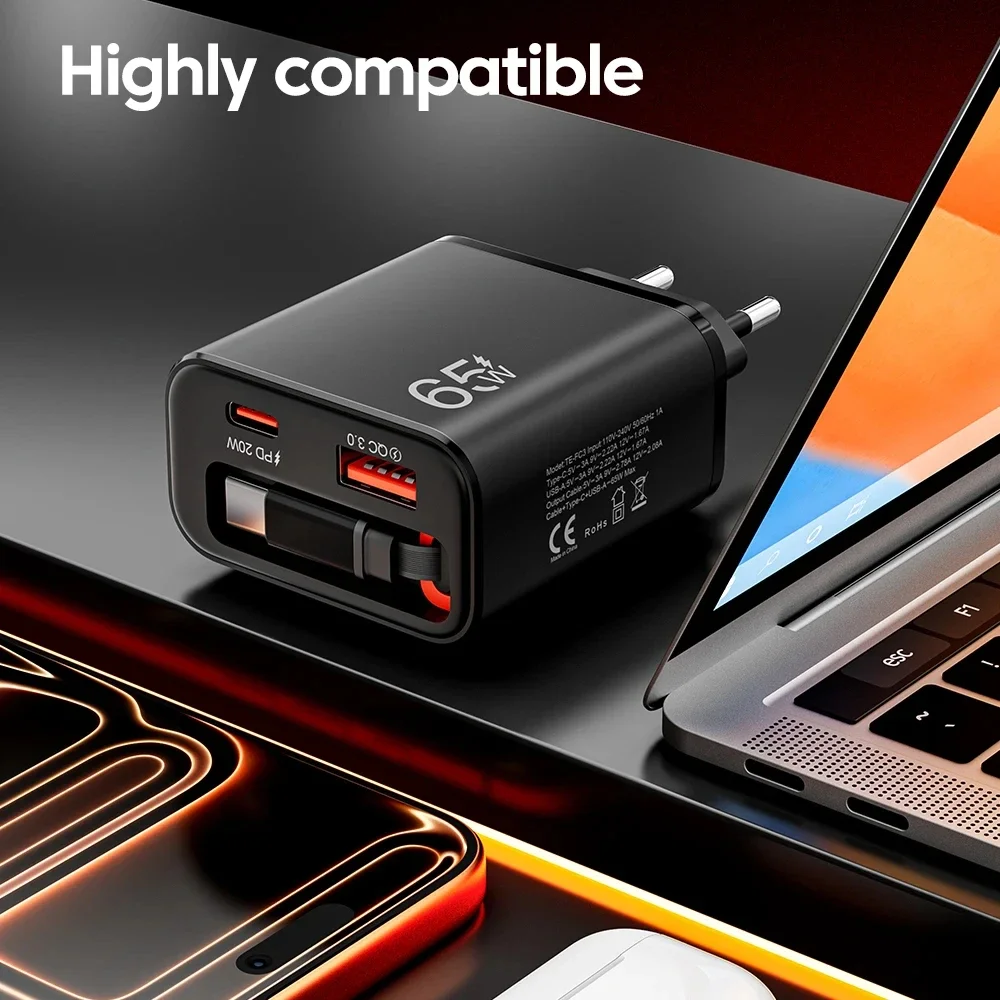Lenovo 65W Super Fast Charge Type C USB Phone Charger With Retractable USB C Cable For Iphone 17 16 15 Samsung POCO Xiaomi