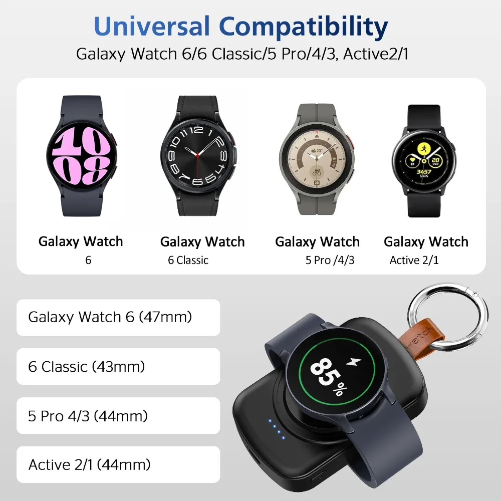 1800mAh Magnetic Smartwatch Wireless Charger Dock with Keychain for Samsung Galaxy Watch 8/7/6 Classic 5/4 Pro/3 Fast Charging