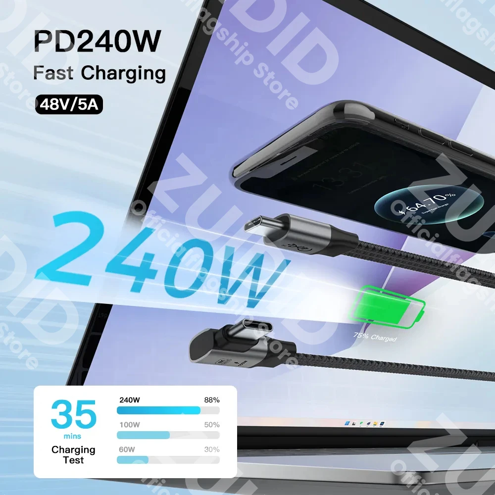 Flat USB4 40Gbps Type C to Type C Data Cable ThunderBolt 3 PD 240W 5A USB-C Cord For iPhone 15 16 Pro MacBook Pro Samsung Xiaomi