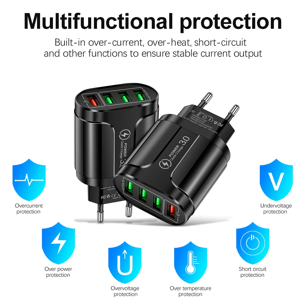 4 Ports USB Charger Quick Charge 5.1A 48W Phone Adapter For iPhone Xiaomi EU/US Plug Portable Wall Mobile Fast Charger