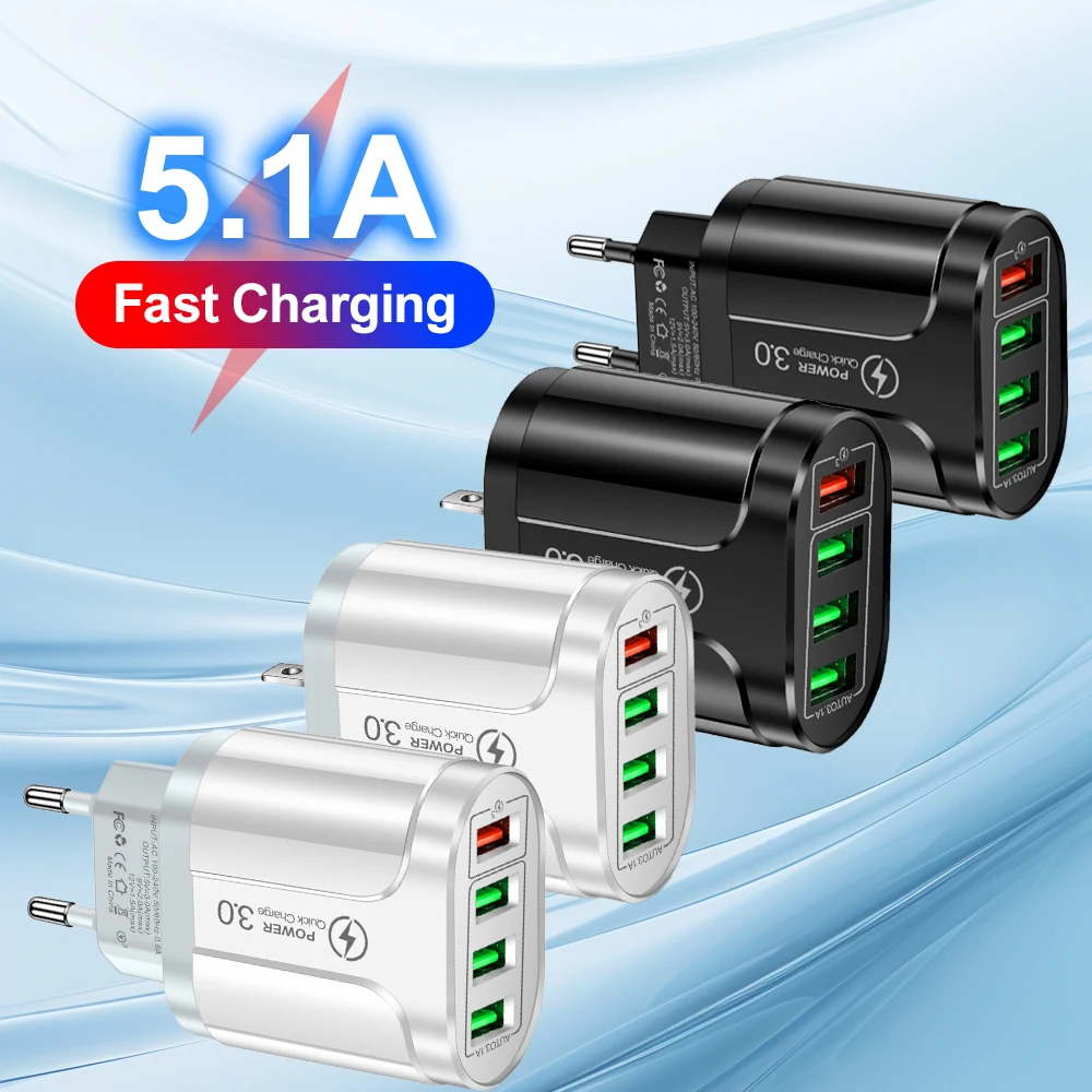 4 Ports USB Charger Quick Charge 5.1A 48W Phone Adapter For iPhone Xiaomi EU/US Plug Portable Wall Mobile Fast Charger