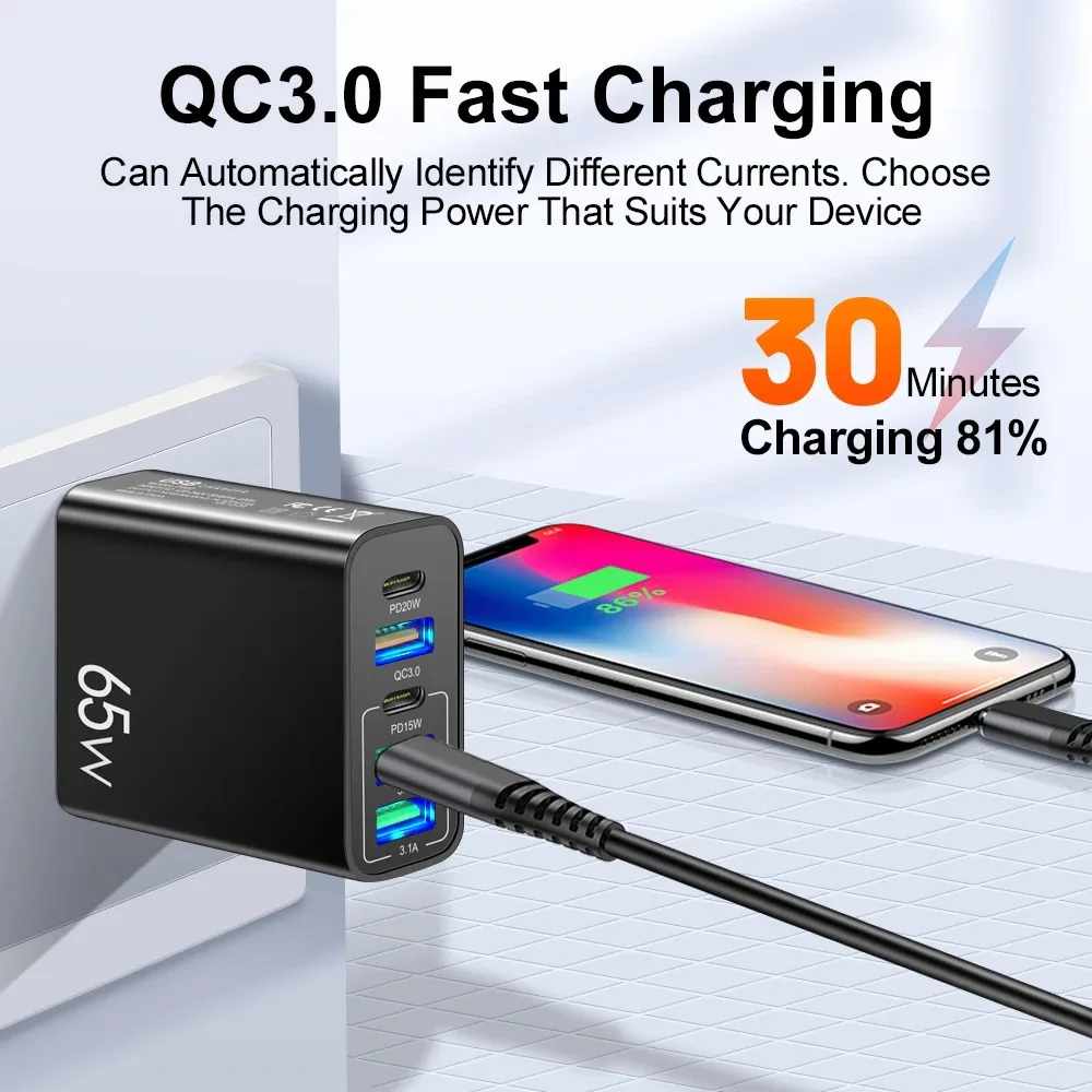 USB Type C Charger Total 65W PD Fast Charging Phone Charger Wall Adapter For iPhone 15 Samsung Xiaomi 5 Ports USB Quick Charger