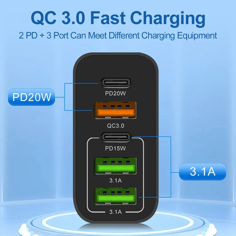 USB Type C Charger Total 65W PD Fast Charging Phone Charger Wall Adapter For iPhone 15 Samsung Xiaomi 5 Ports USB Quick Charger