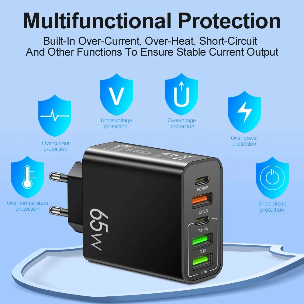 USB Type C Charger Total 65W PD Fast Charging Phone Charger Wall Adapter For iPhone 15 Samsung Xiaomi 5 Ports USB Quick Charger