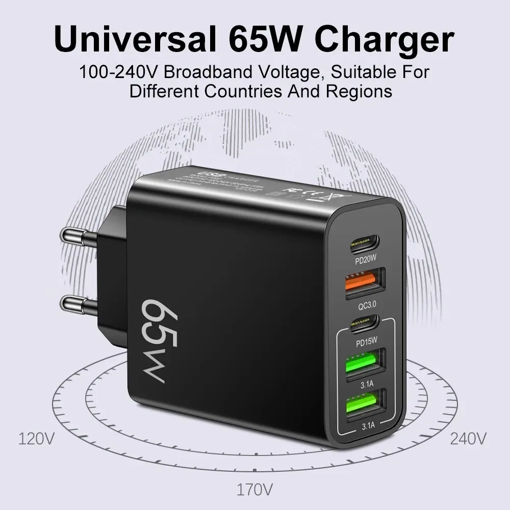 USB Type C Charger Total 65W PD Fast Charging Phone Charger Wall Adapter For iPhone 15 Samsung Xiaomi 5 Ports USB Quick Charger