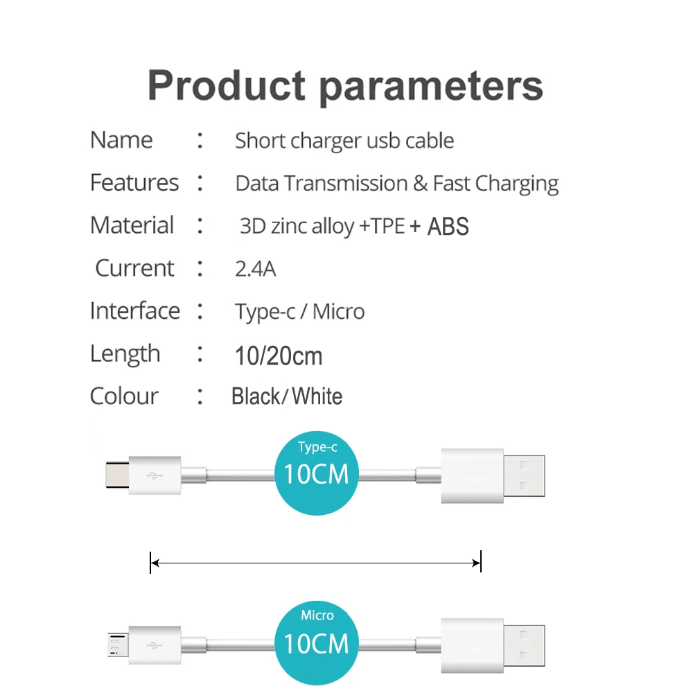 20/10cm Ultra Short USB Type C Cable 3A Male USB A to Male Type-C Data Wire Cord for Samsung Huawei Xiaomi Fast Charging Cable