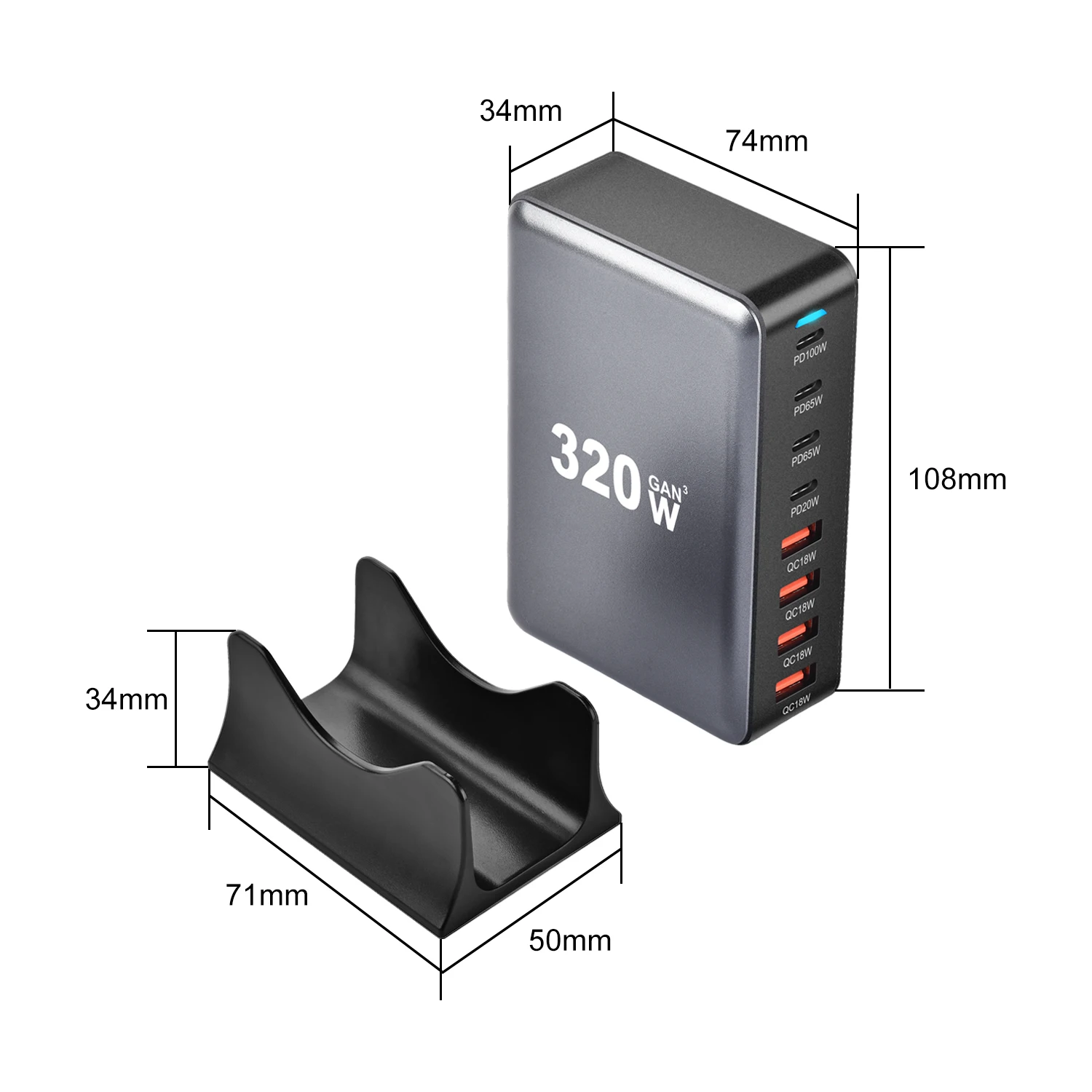320W GaN Charger USB C Fast Desktop 8-port USB Type C PD Charger Fast Charge 3.0 USB Type C Fast Charger for IPhone15 14 Samsung