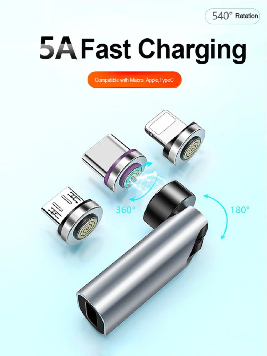 540° Degree Rotating Magnetic Wire Fast Charging PD 5A Adapter For Mobile Phone Accessories Type-C Data Transfer Cable Connector