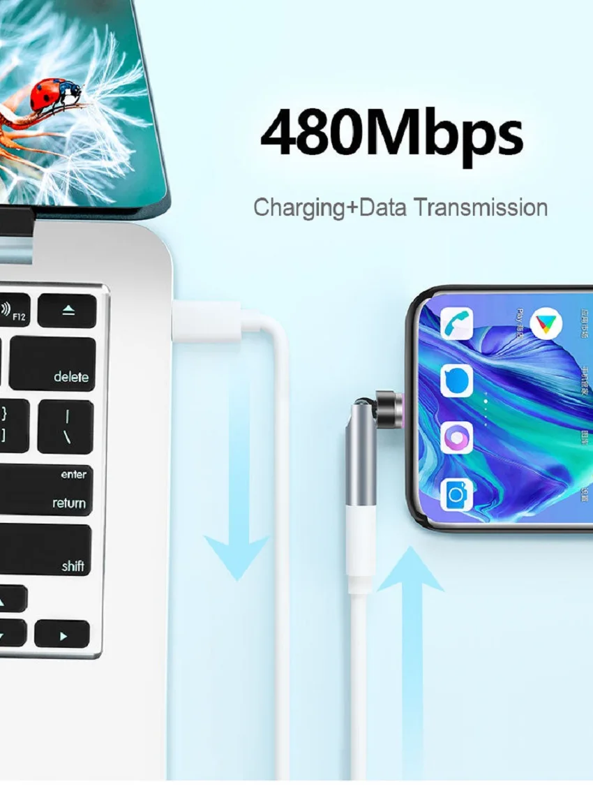 540° Degree Rotating Magnetic Wire Fast Charging PD 5A Adapter For Mobile Phone Accessories Type-C Data Transfer Cable Connector