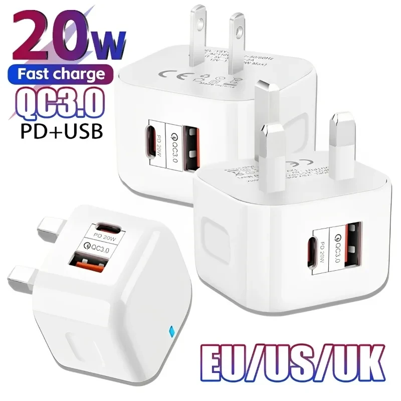 EU US UK 20W Dual Ports Type C USB C PD Wall Charger Fast Quick Charging Power Adapters For IPhone 11 12 13 14 15 Samsung