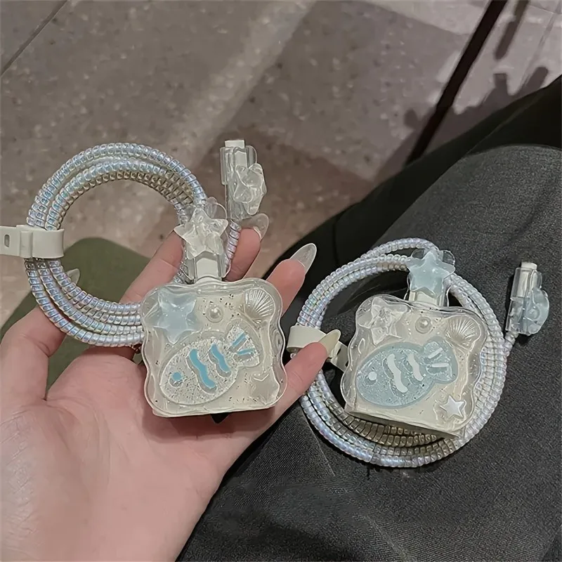 Cute 3D Shell Fish Star Wave Border Epoxy USB Protector Cover For iPhone 18W-20W Data Line Head Cord Fast Charging Case