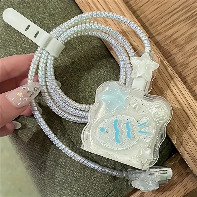 Cute 3D Shell Fish Star Wave Border Epoxy USB Protector Cover For iPhone 18W-20W Data Line Head Cord Fast Charging Case