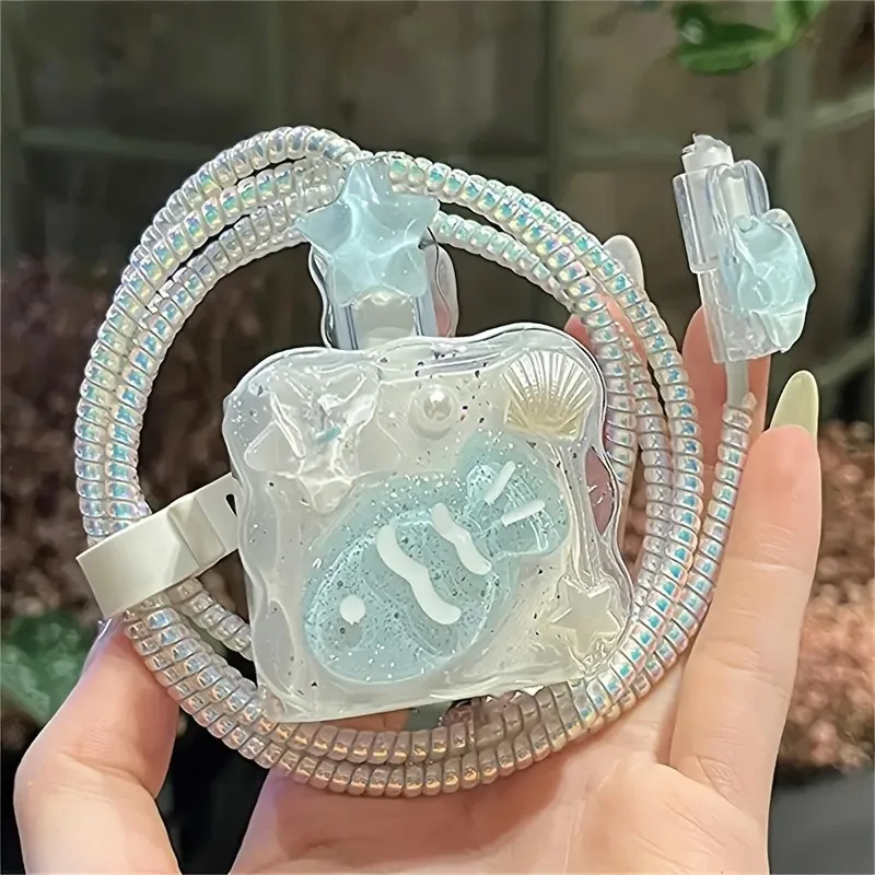 Cute 3D Shell Fish Star Wave Border Epoxy USB Protector Cover For iPhone 18W-20W Data Line Head Cord Fast Charging Case