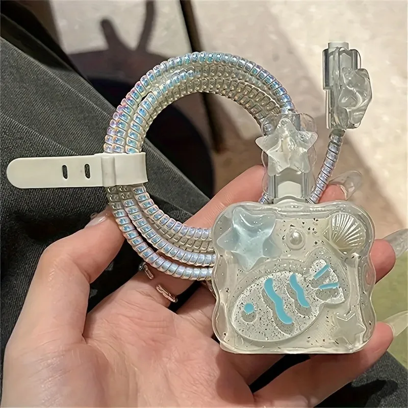 Cute 3D Shell Fish Star Wave Border Epoxy USB Protector Cover For iPhone 18W-20W Data Line Head Cord Fast Charging Case