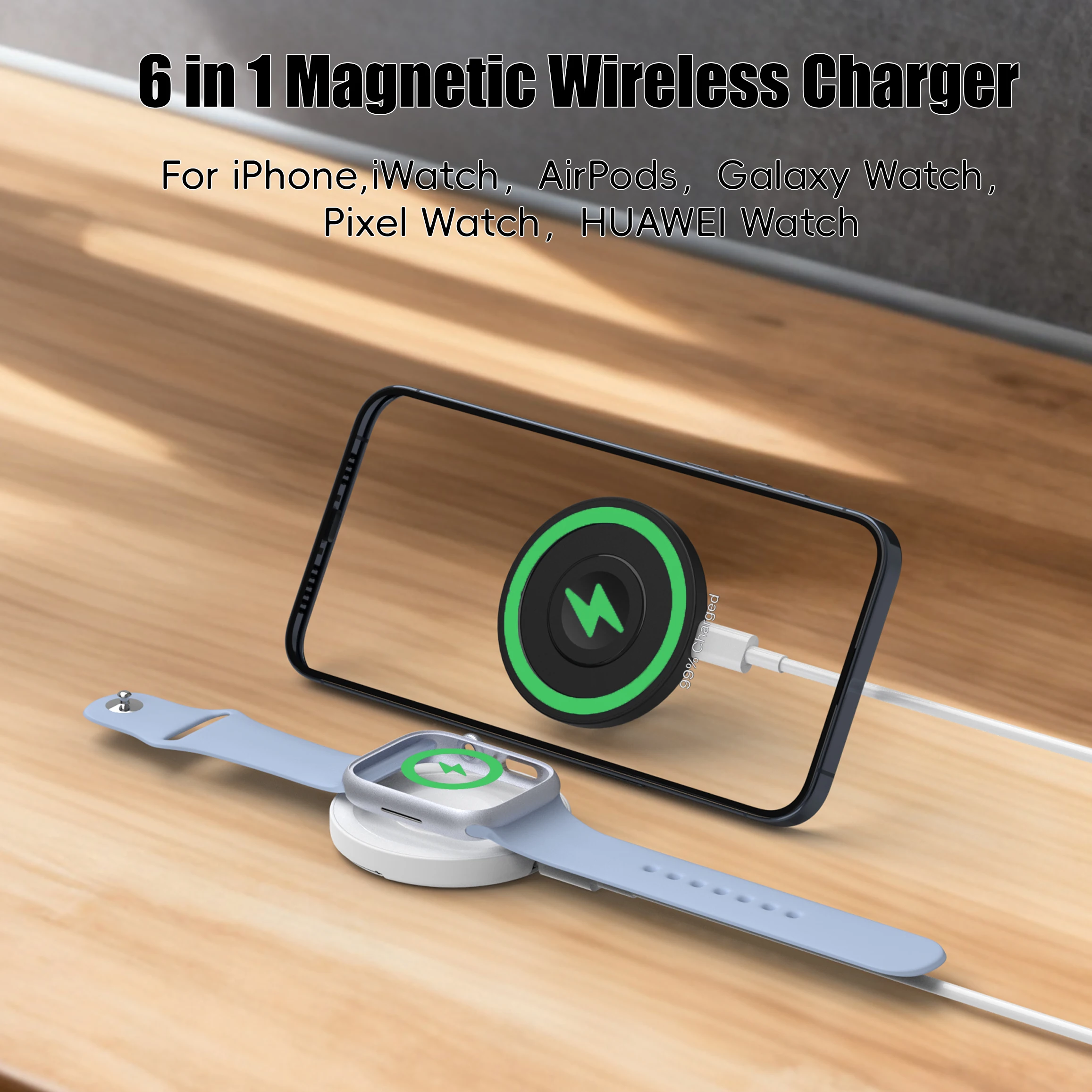 6-in-1 Magnetic Wireless Charger,for iPhone iWatch AirPods Galaxy Watch HUAWEI Watch Pixel Watch 1st 15W Fast Charger with Stand