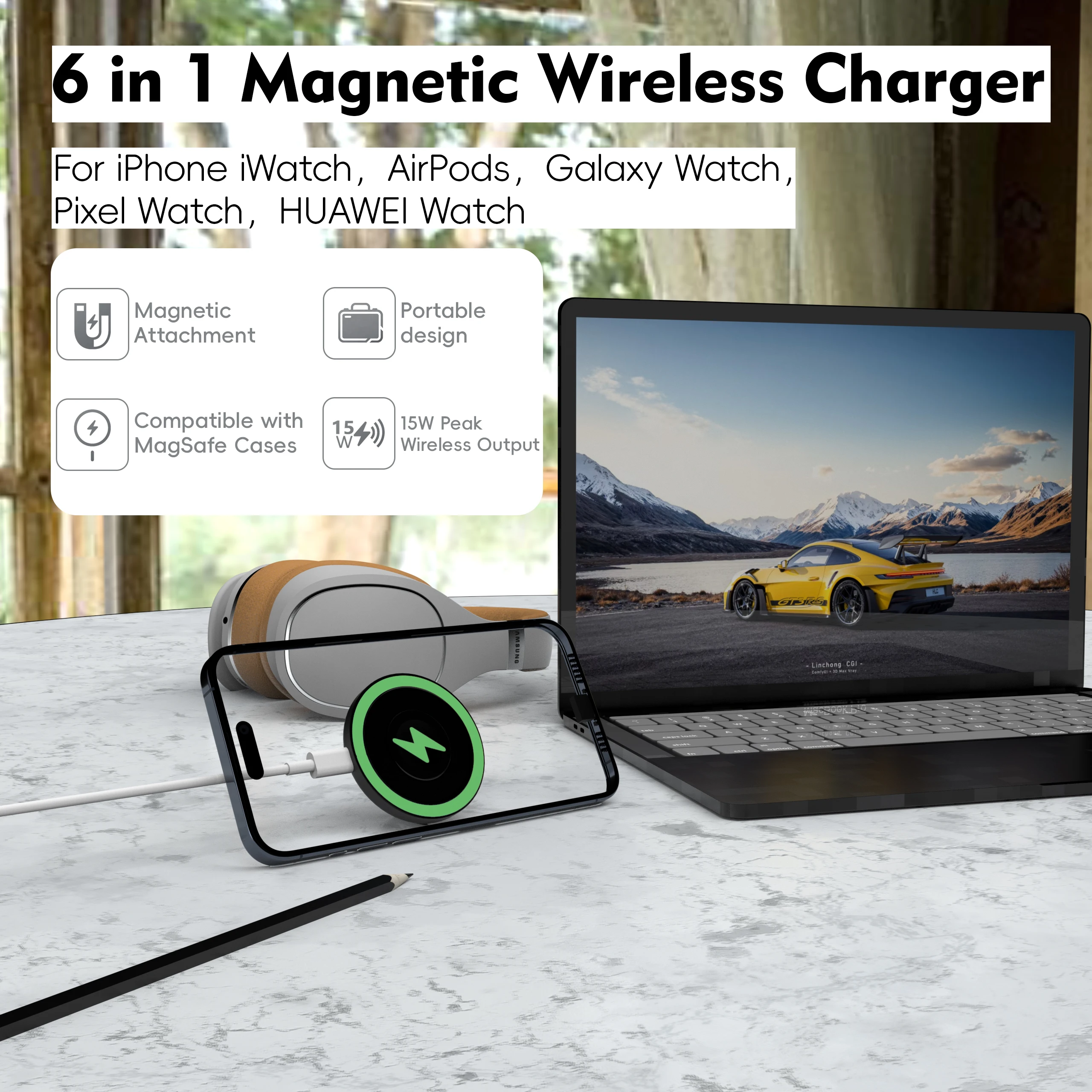 6-in-1 Magnetic Wireless Charger,for iPhone iWatch AirPods Galaxy Watch HUAWEI Watch Pixel Watch 1st 15W Fast Charger with Stand