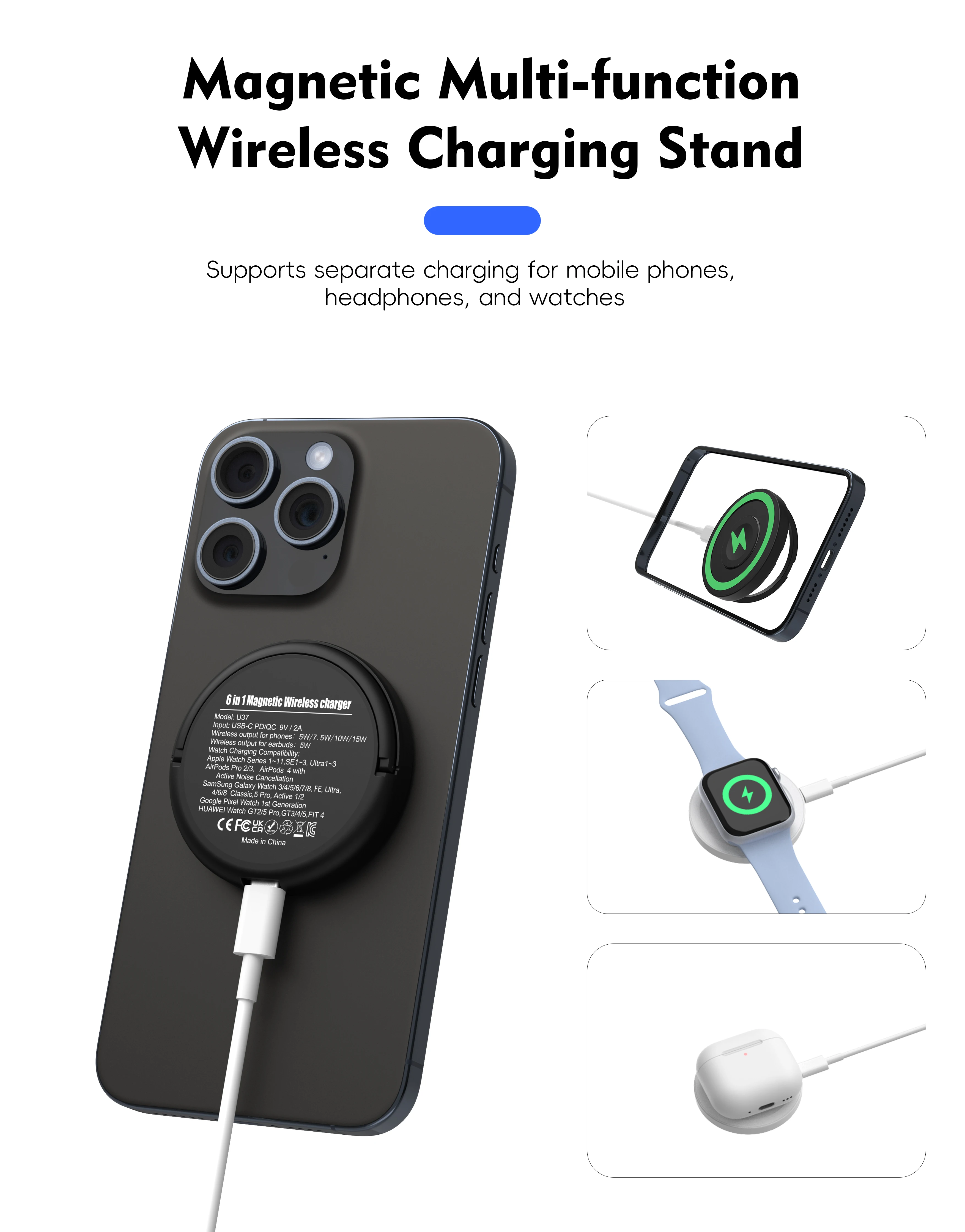 6-in-1 Magnetic Wireless Charger,for iPhone iWatch AirPods Galaxy Watch HUAWEI Watch Pixel Watch 1st 15W Fast Charger with Stand