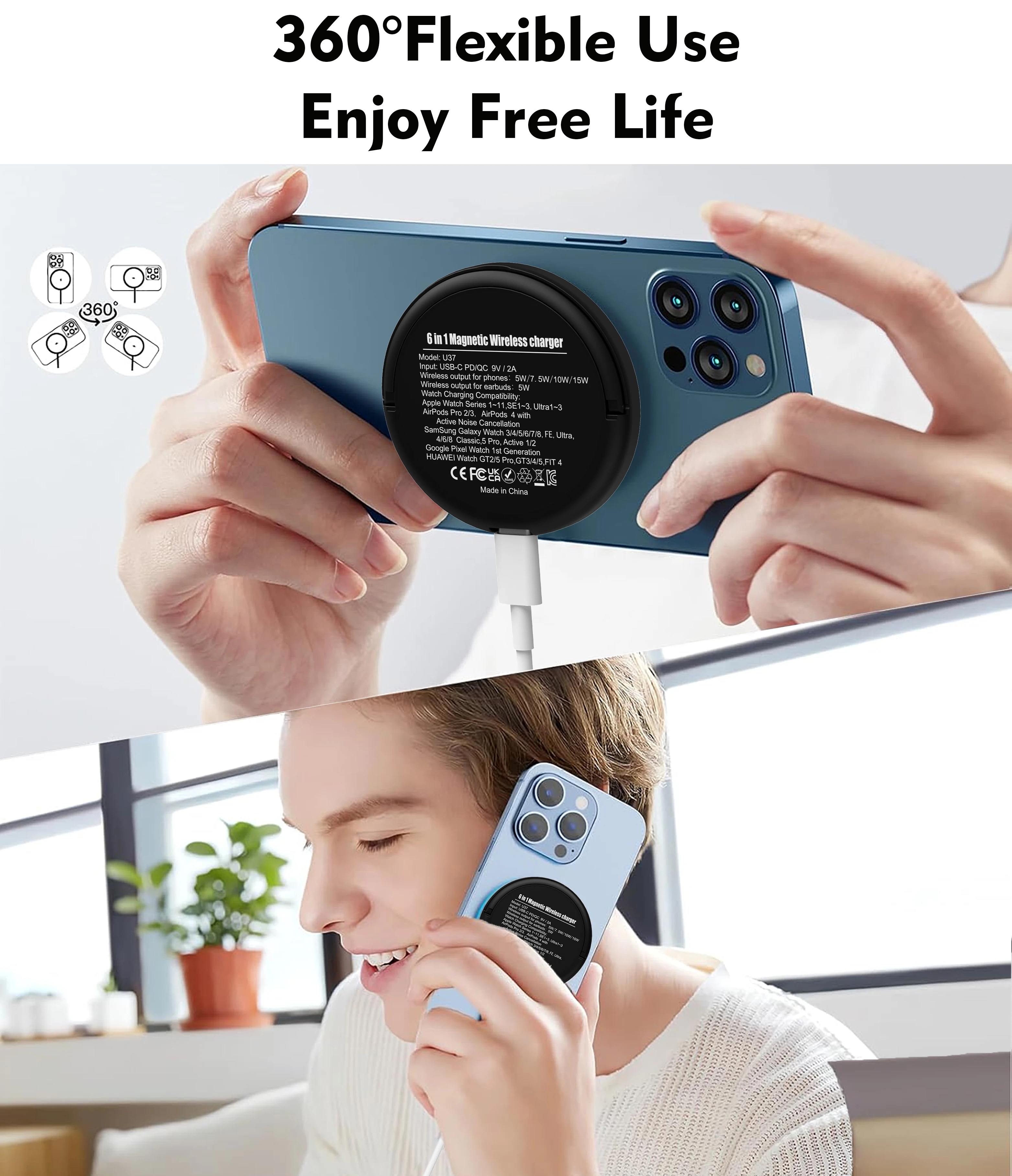 6-in-1 Magnetic Wireless Charger,for iPhone iWatch AirPods Galaxy Watch HUAWEI Watch Pixel Watch 1st 15W Fast Charger with Stand