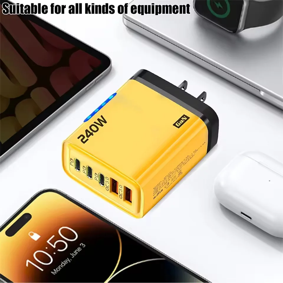 240W GaN 5 Port Fast Charging Station 3PD 2USB Desk Adapter For iPhone 17 16 15 Pro Samsung Xiaomi EU US Wall Plug USB C Charger