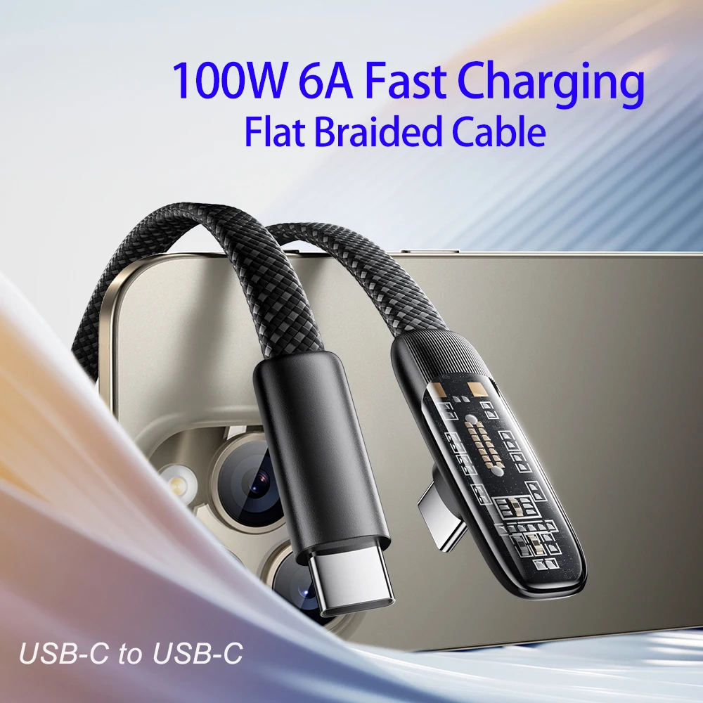 100W 6A Type C to Type C Elbow Fast Charger Data Cord For Samsung S24 Huawei Xiaomi P40 Android Phone USB C MacBook Pro iPad Pro