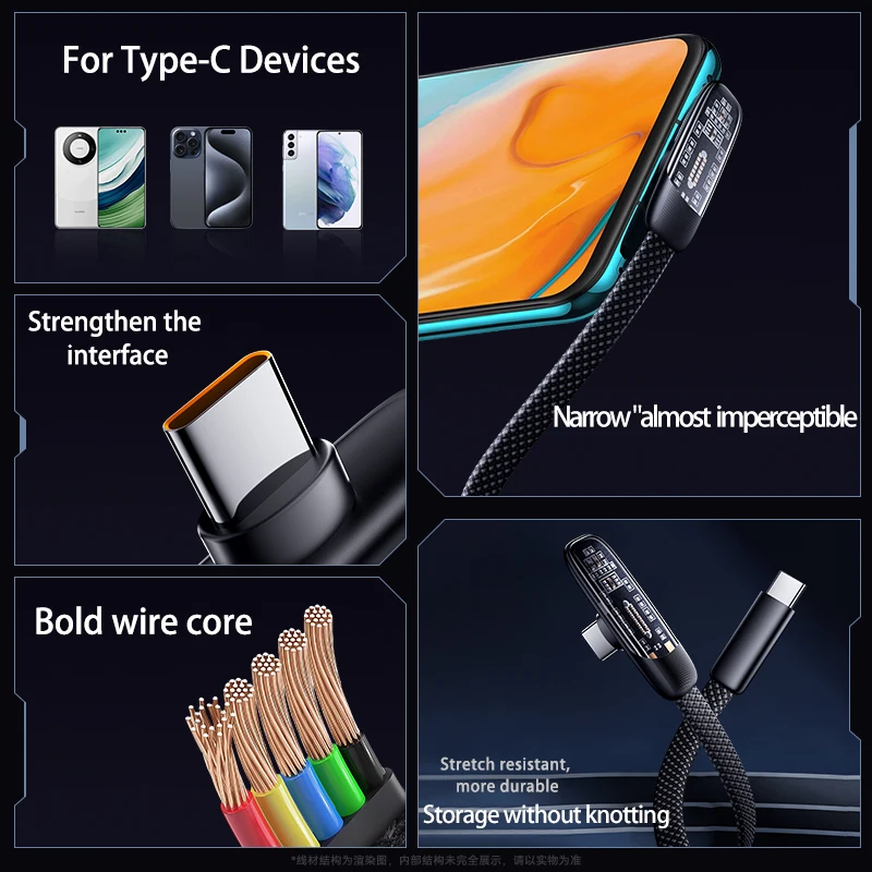 100W 6A Type C to Type C Elbow Fast Charger Data Cord For Samsung S24 Huawei Xiaomi P40 Android Phone USB C MacBook Pro iPad Pro