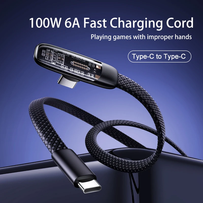 100W 6A Type C to Type C Elbow Fast Charger Data Cord For Samsung S24 Huawei Xiaomi P40 Android Phone USB C MacBook Pro iPad Pro