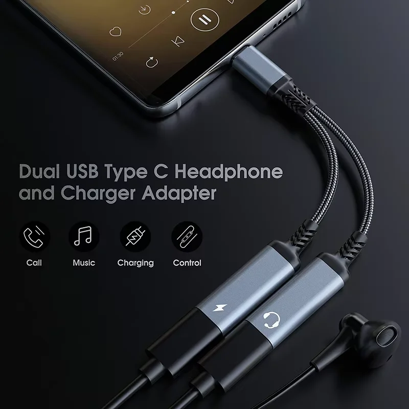 2-IN-1 Audio/Charger Splitter Adapter USB C to Dual TypeC Ports Headphone Jack Audio Adapte for iPhone 16 15 For Saumsung