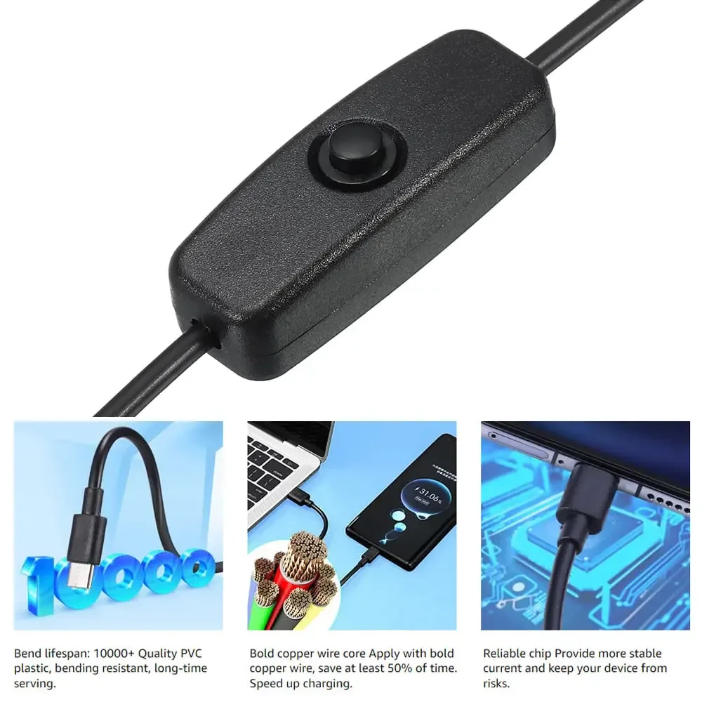 Type C Extension Cable with On/Off Switch USB-C PD to Micro USB / DC 5521 Power Cord Male to Female 5V