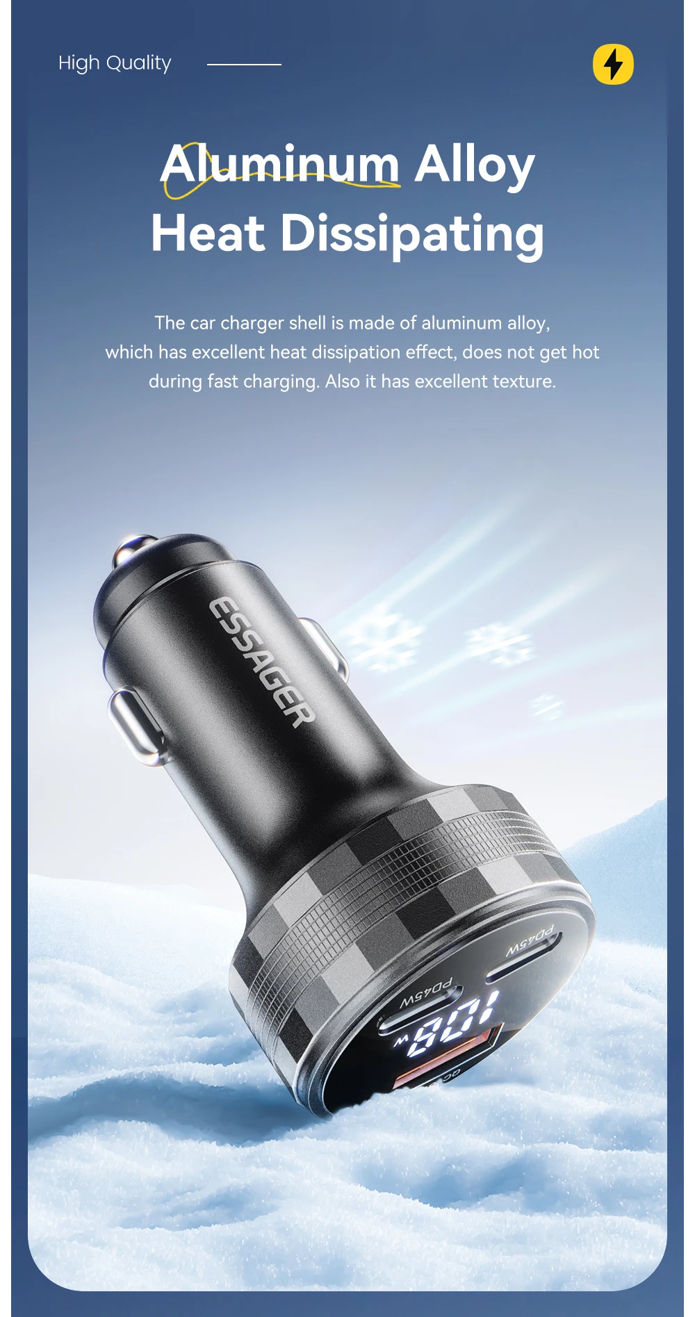 Essager 108W 3Ports USB Car Charger Digital Dispaly PD3.0 Fast Charging Quick Charge 3.0 Adapter for iPhone 16 15 Xiaomi Samsung