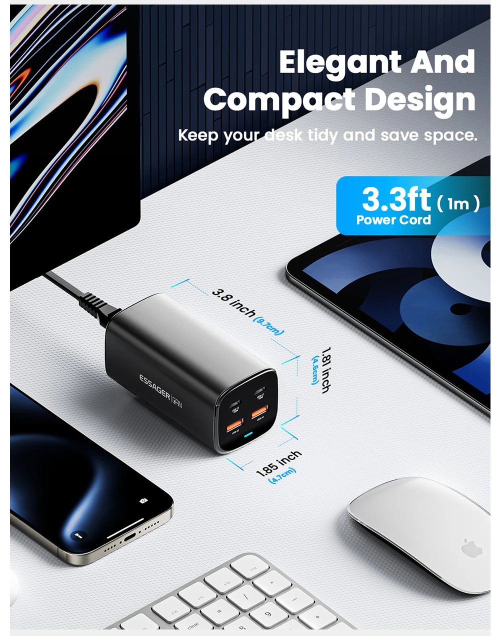 Essager 100W GaN Charger Desktop Laptop Fast Charger 65W 4 in 1 Adapter For iPhone 15 14 13 Pro Max Phone Charger Xiaomi Samsung