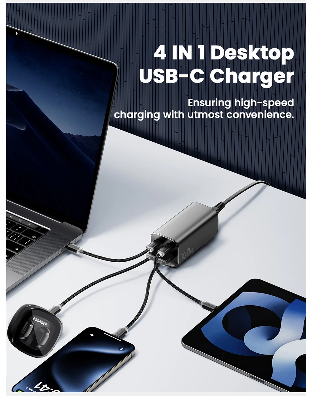 Essager 100W GaN Charger Desktop Laptop Fast Charger 65W 4 in 1 Adapter For iPhone 15 14 13 Pro Max Phone Charger Xiaomi Samsung