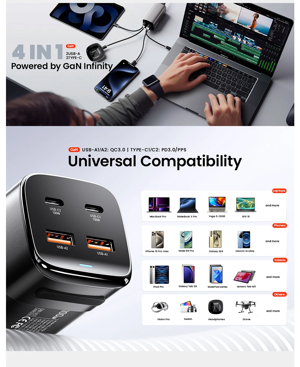 Essager 100W GaN Charger Desktop Laptop Fast Charger 65W 4 in 1 Adapter For iPhone 15 14 13 Pro Max Phone Charger Xiaomi Samsung