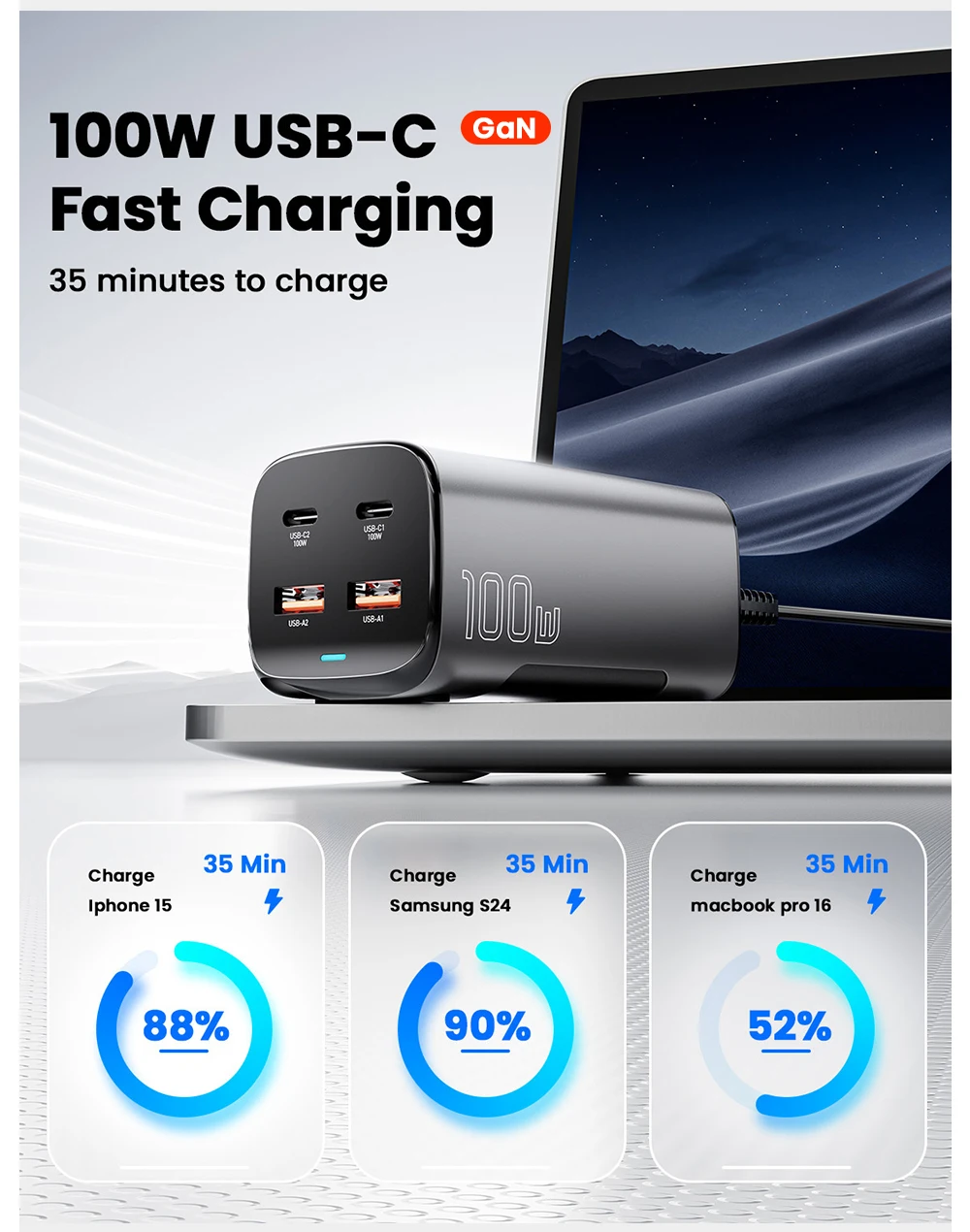 Essager 100W GaN Charger Desktop Laptop Fast Charger 65W 4 in 1 Adapter For iPhone 15 14 13 Pro Max Phone Charger Xiaomi Samsung