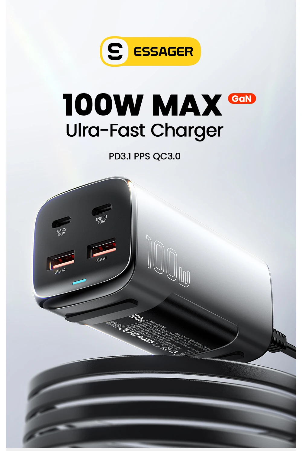 Essager 100W GaN Charger Desktop Laptop Fast Charger 65W 4 in 1 Adapter For iPhone 15 14 13 Pro Max Phone Charger Xiaomi Samsung