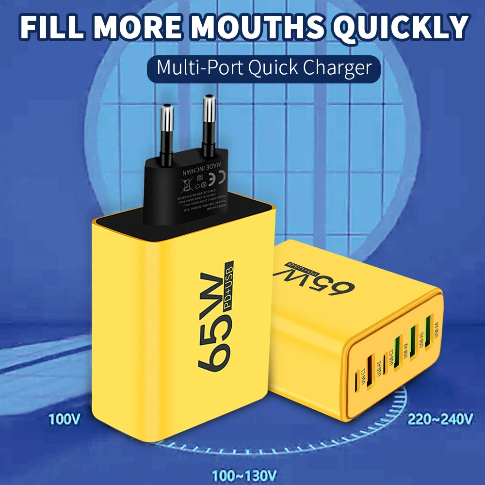 PD 65W USB Charger Fast Charger 6 Ports Type C Mobile Phone Charger For Iphone 16 15 Pro Max Xiaomi Huawei Samsung Quick Charger