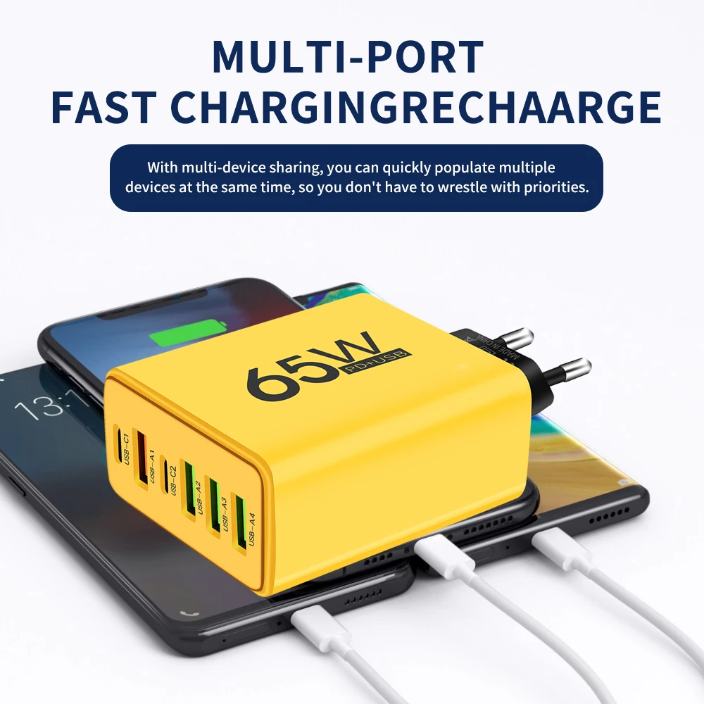 PD 65W USB Charger Fast Charger 6 Ports Type C Mobile Phone Charger For Iphone 16 15 Pro Max Xiaomi Huawei Samsung Quick Charger