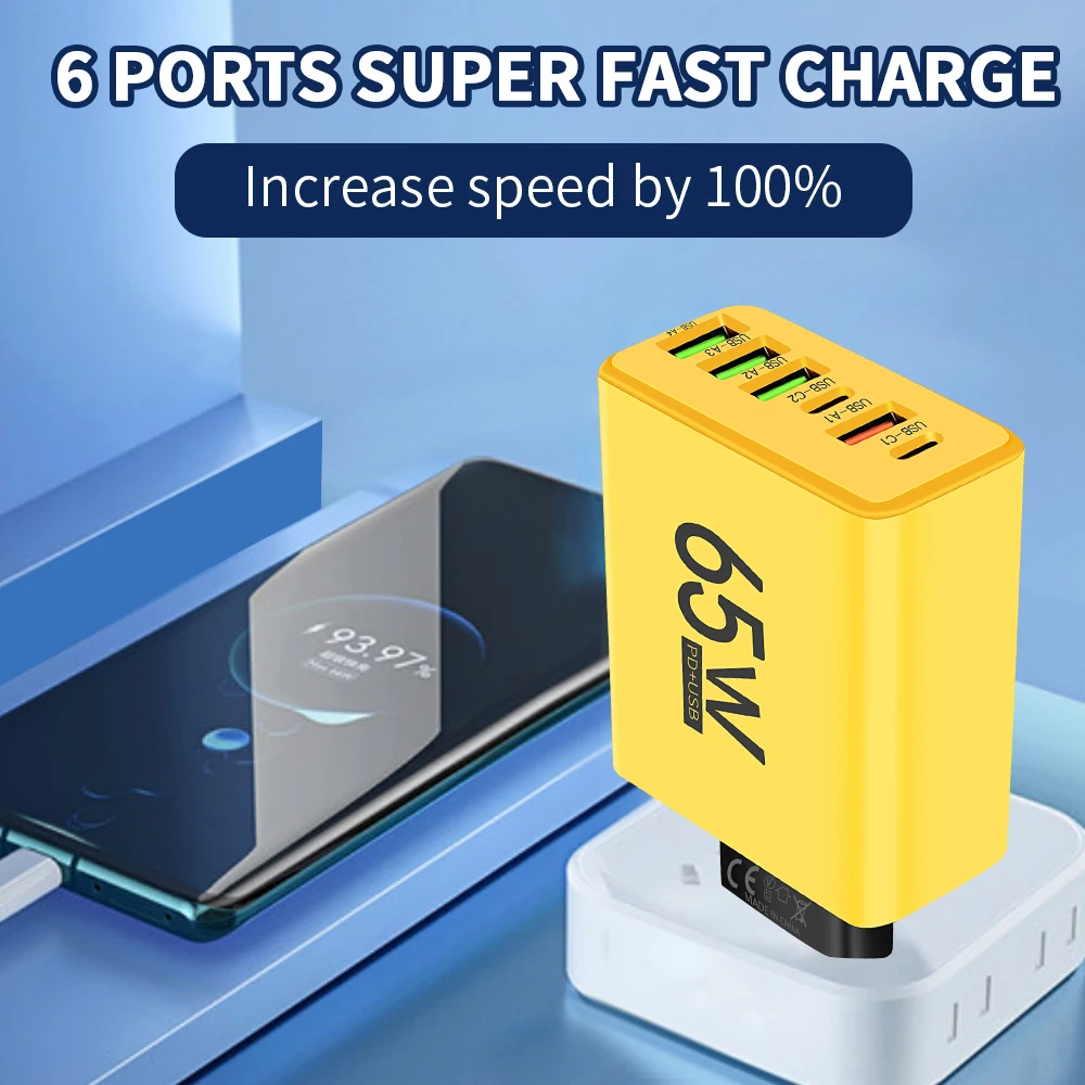 PD 65W USB Charger Fast Charger 6 Ports Type C Mobile Phone Charger For Iphone 16 15 Pro Max Xiaomi Huawei Samsung Quick Charger