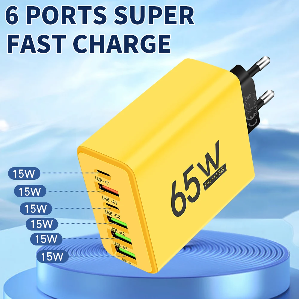 PD 65W USB Charger Fast Charger 6 Ports Type C Mobile Phone Charger For Iphone 16 15 Pro Max Xiaomi Huawei Samsung Quick Charger