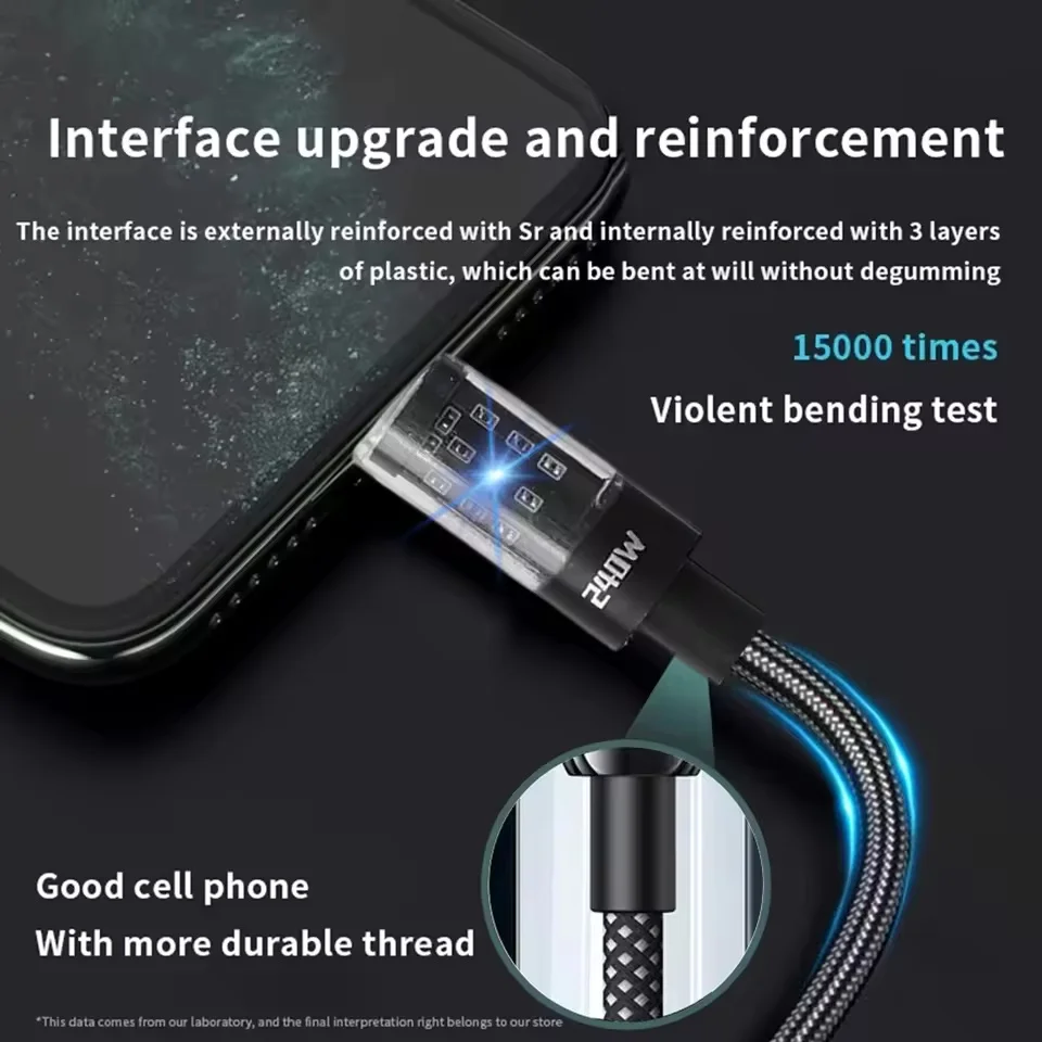 240W Nylon USB Type C Super Fast Charging Cable For Samsung Xiaomi Huawei Honor LED Digital Display USB C Charger Data Cord