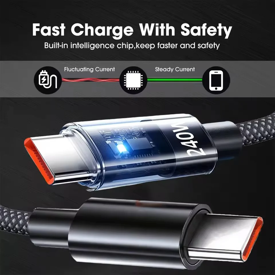 240W Nylon USB Type C Super Fast Charging Cable For Samsung Xiaomi Huawei Honor LED Digital Display USB C Charger Data Cord
