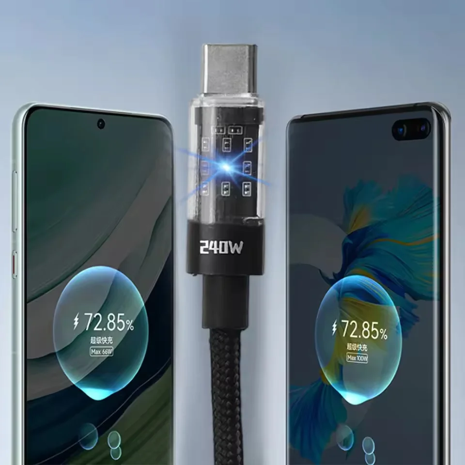 240W Nylon USB Type C Super Fast Charging Cable For Samsung Xiaomi Huawei Honor LED Digital Display USB C Charger Data Cord