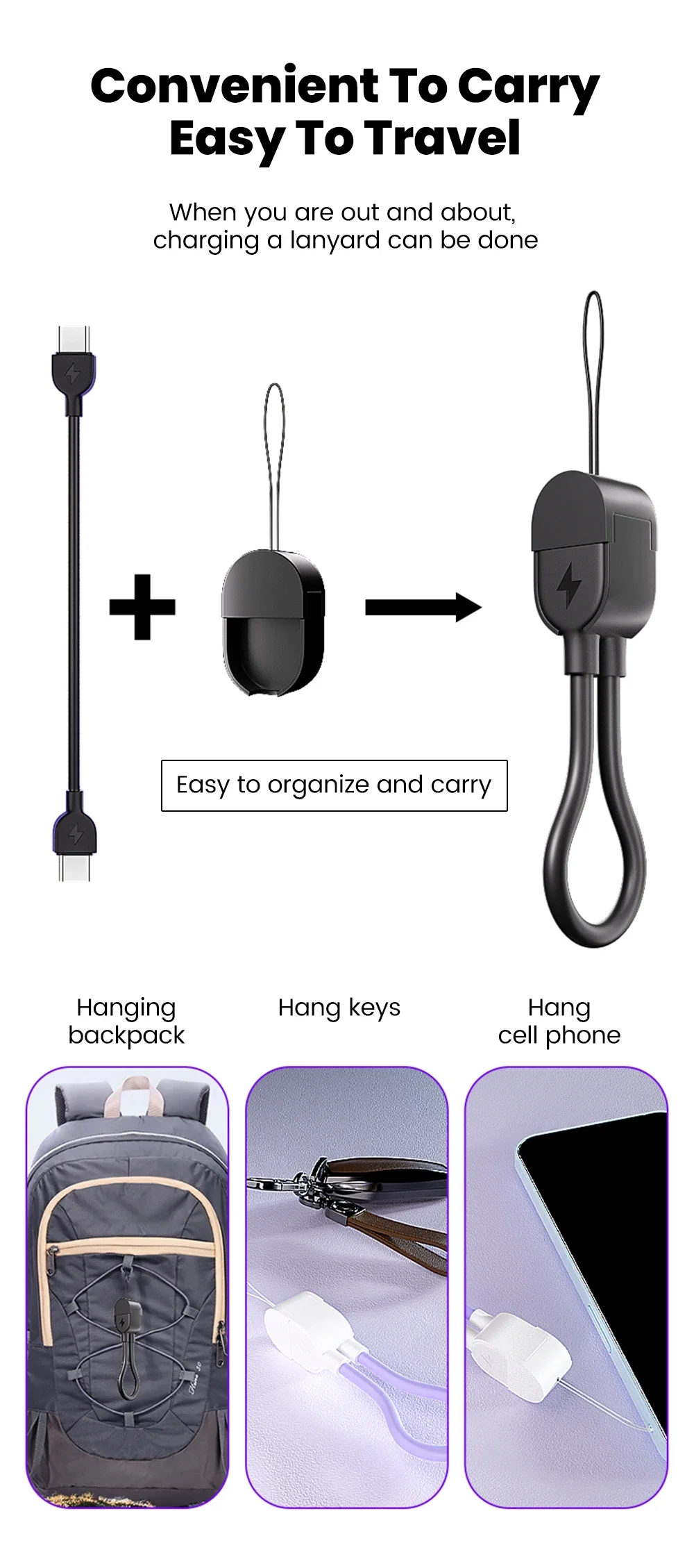 PD 60W 20W Fast Charging Cable Portable Lanyard Type C To Type C or To Lightning Jack For iPhone 17 16 15 14 13 12 11 Pro Max