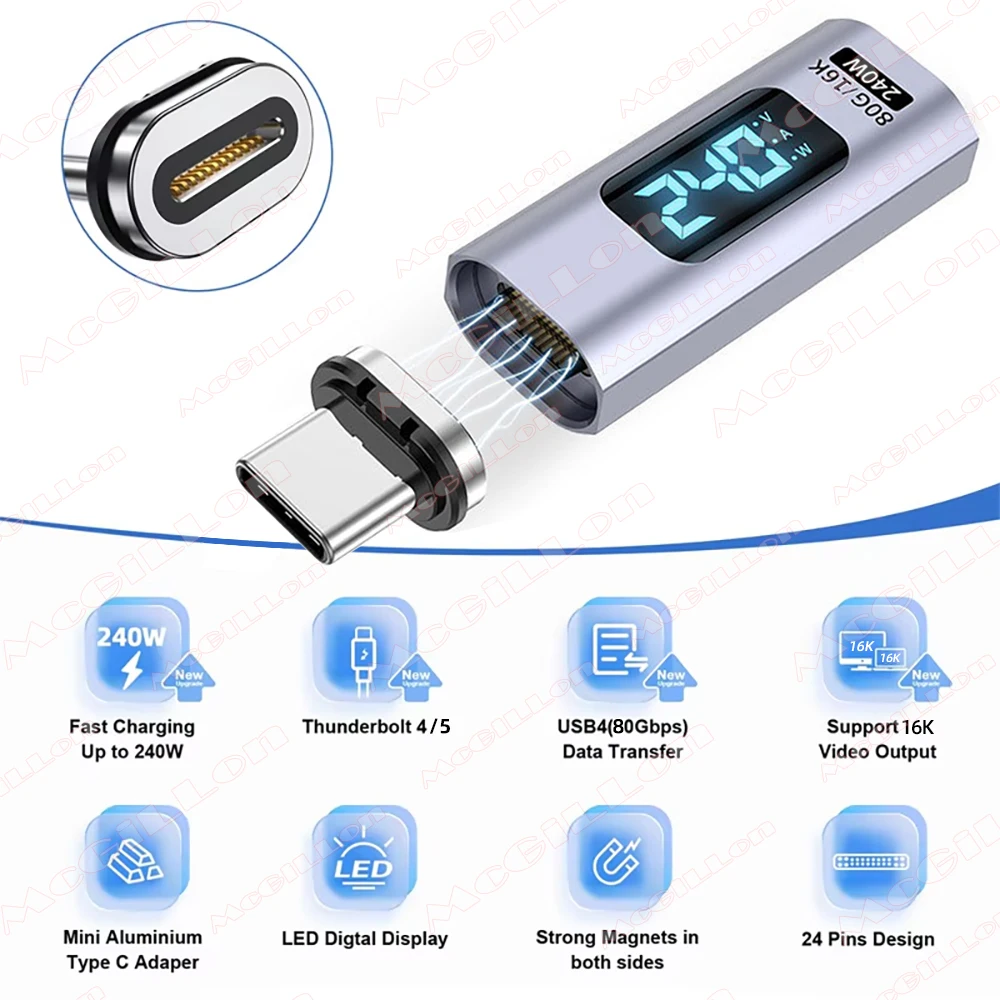 USB4.0 80Gbps 240W Thunderbolt 5 Magnetic Adapter Type C To USB C Fast Charge Magnet Converter Cable 16K@60Hz 5A Type C Adapter