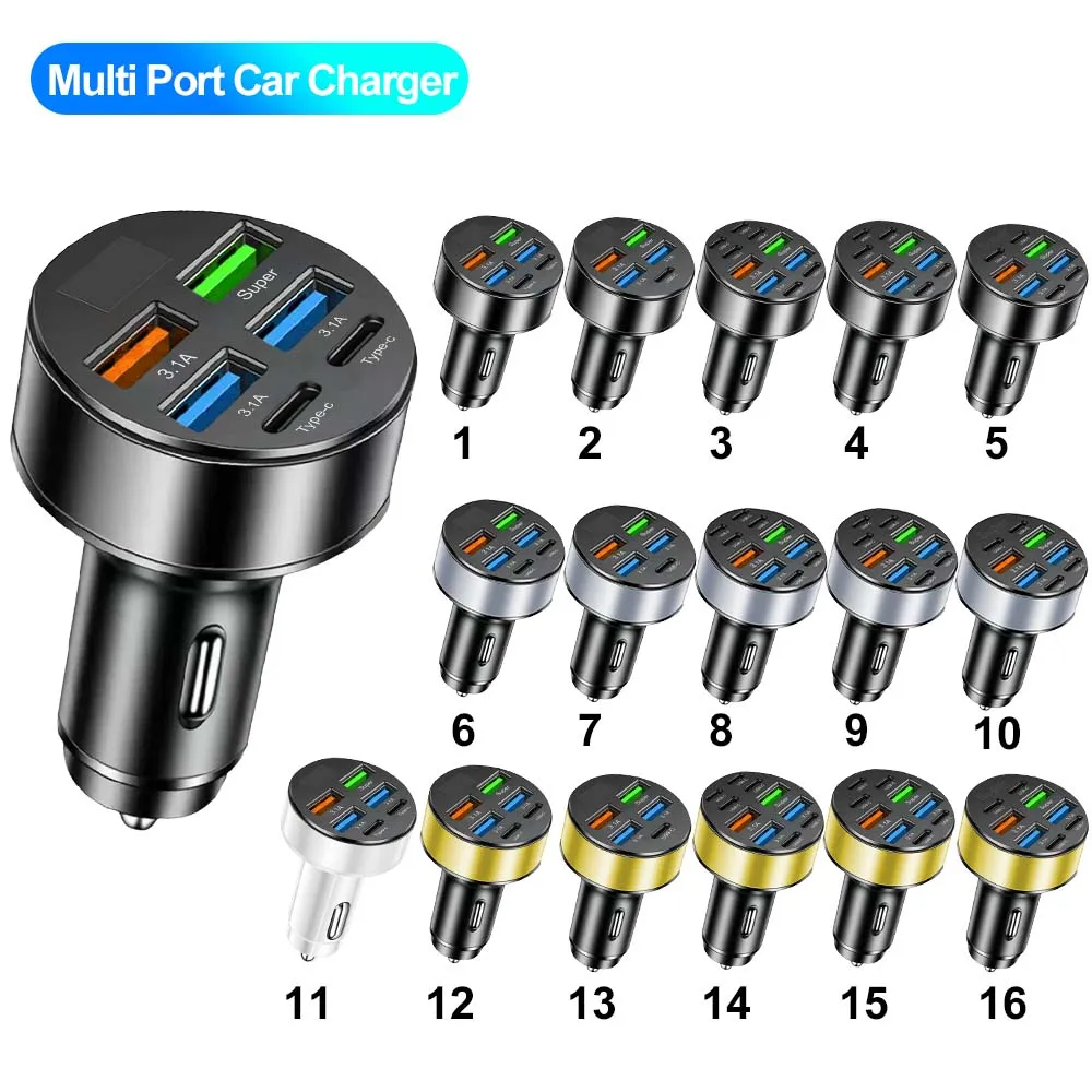 100W 6/8 Ports Car Charger Fast Charging PD QC3.0 USB C Car Phone Charger Type C Adapter in Car For iPhone Samsung Huawei Xiaomi