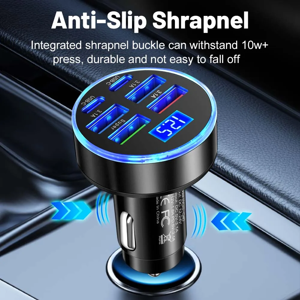 100W 6/8 Ports Car Charger Fast Charging PD QC3.0 USB C Car Phone Charger Type C Adapter in Car For iPhone Samsung Huawei Xiaomi
