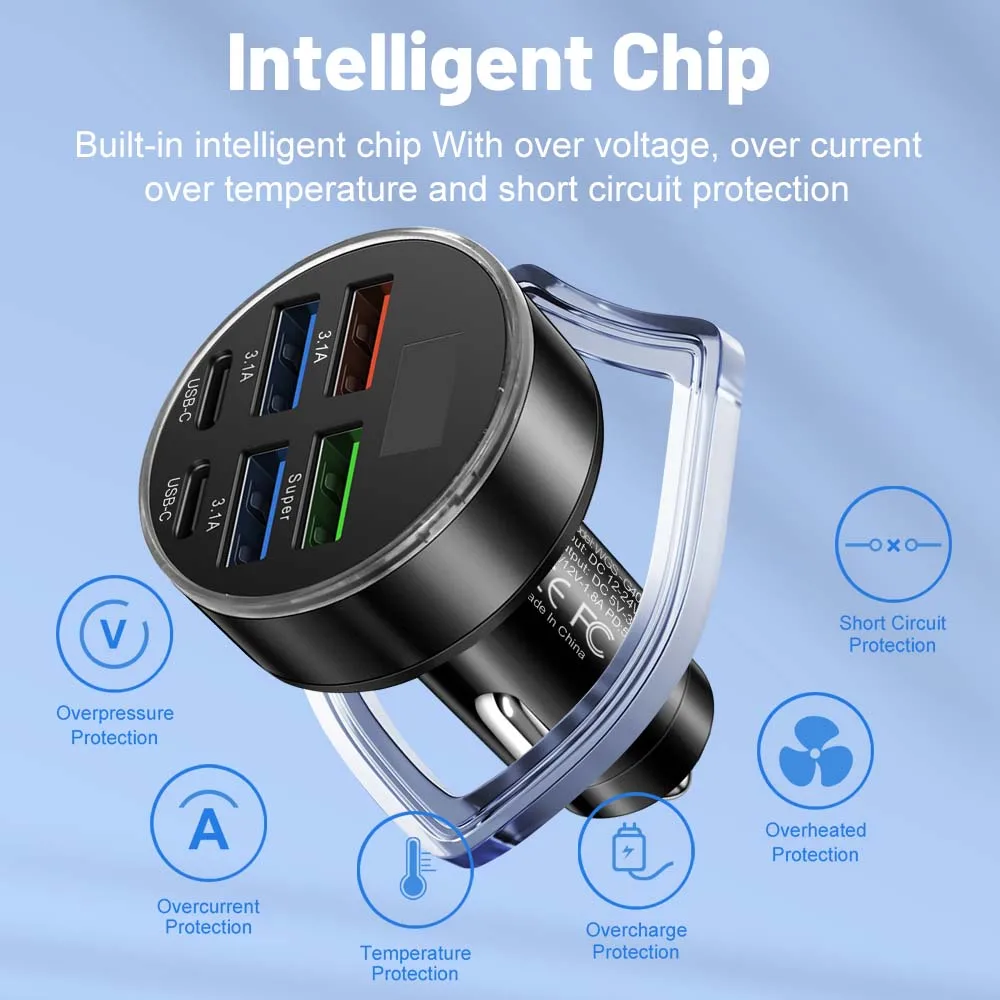 100W 6/8 Ports Car Charger Fast Charging PD QC3.0 USB C Car Phone Charger Type C Adapter in Car For iPhone Samsung Huawei Xiaomi