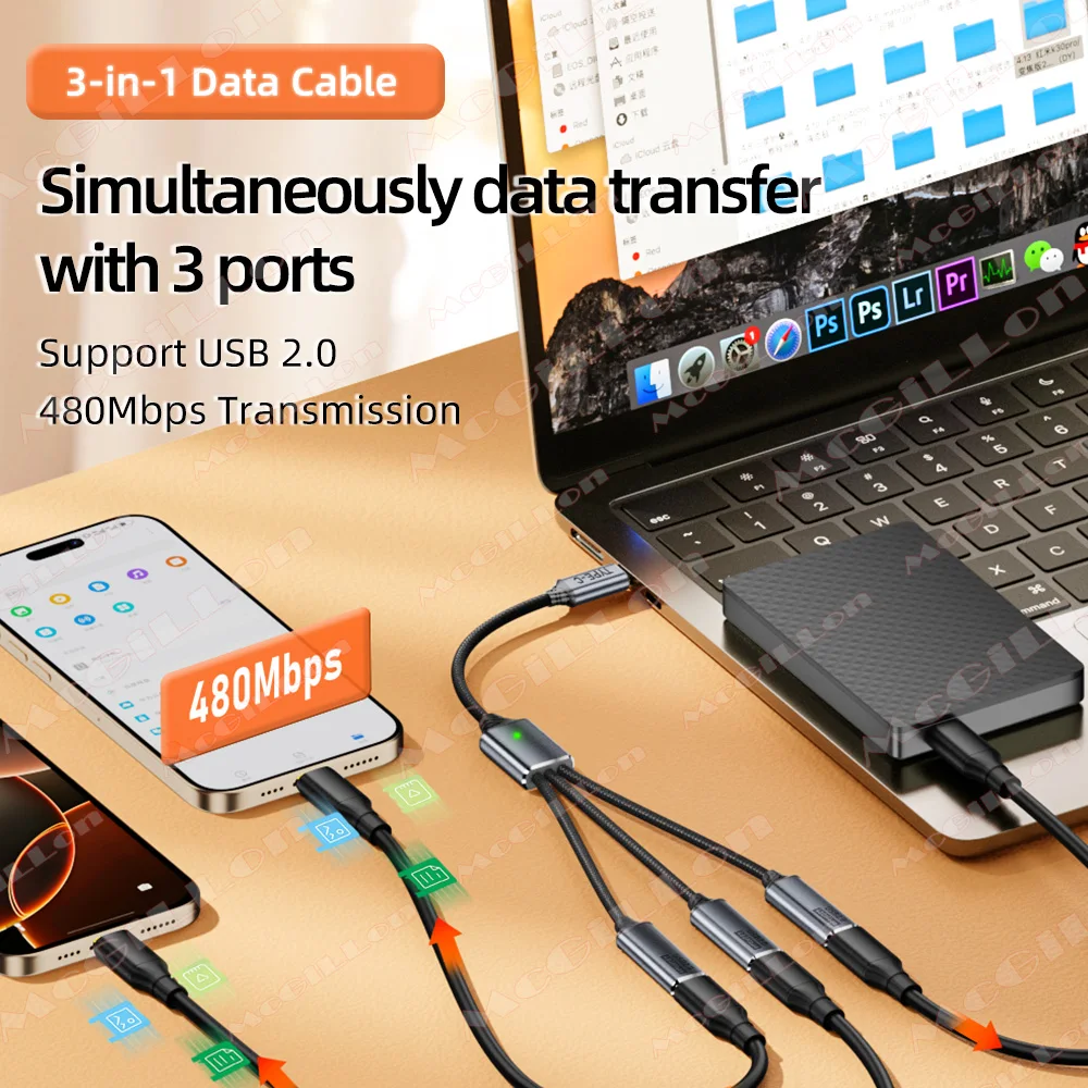 3 in 1 USB A Type C Splitter Cable USB 2.0 Hub OTG Converter Adapter with Charging Data Transfer for Smartphone Laptop Tablet