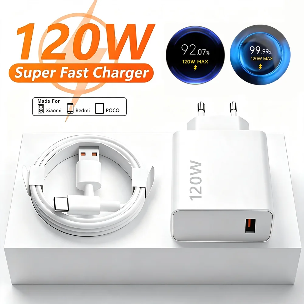 120W EU Fast USB Wall Charger For Xiaomi 12 13 14 15 17 Pro Redmi Note 11 12 13 14 POCO X6 X7 X8 Pro Type C Turbo Charging Cable