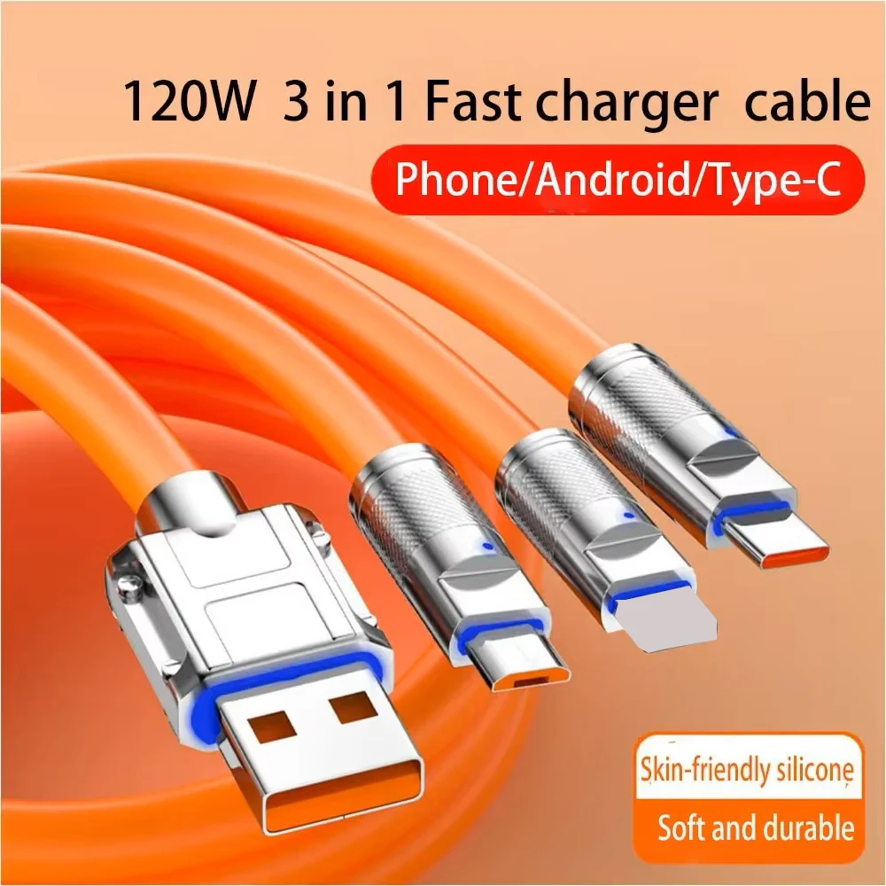 3 in 1 USB Cable 6A 120W USB Cable Fast Charging Data Cord For Iphone Samsung Huawei Xiaomi Multi Port Multiple Charging Wire