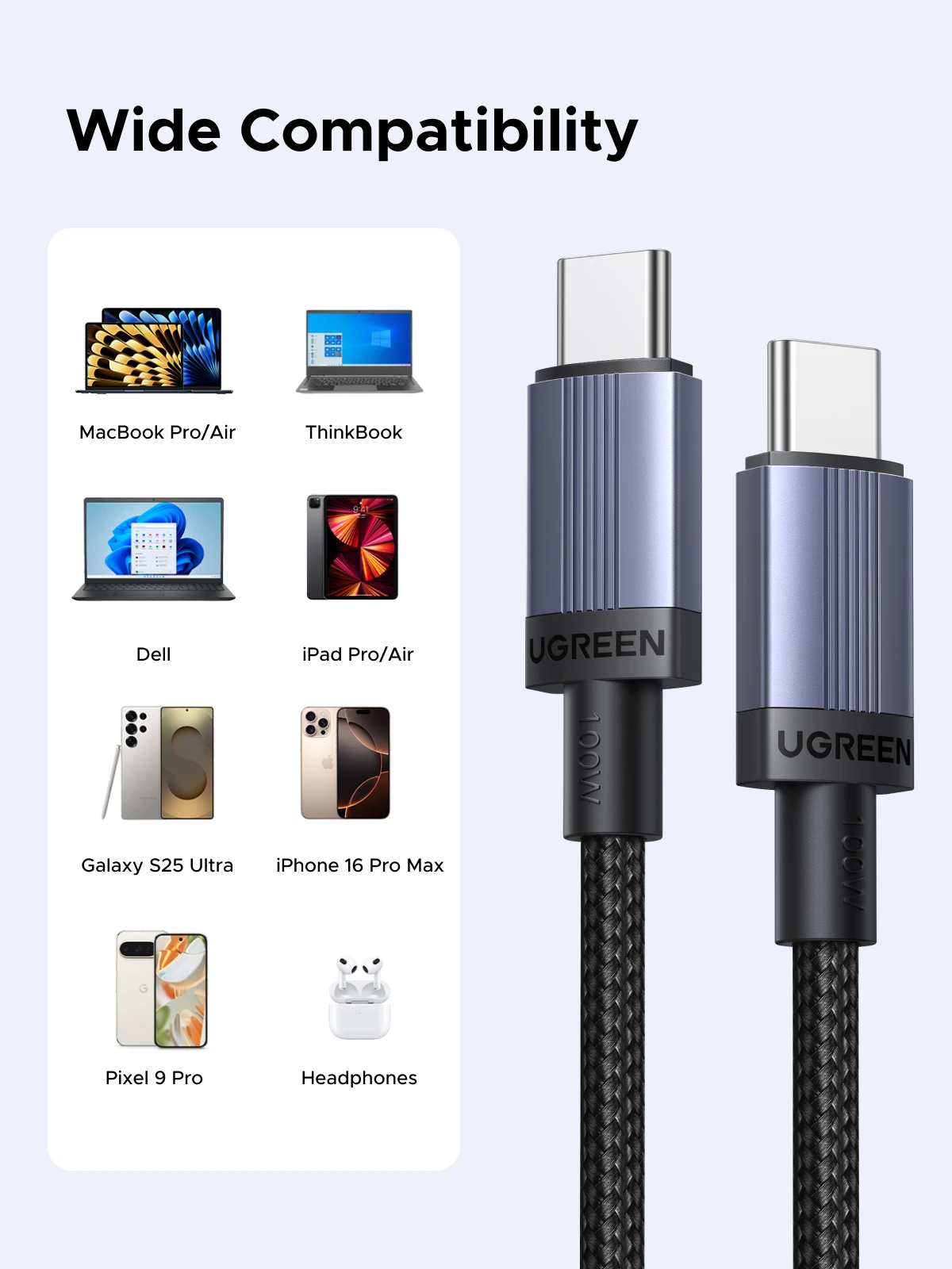 UGREEN PD 100W Cable USB C Fast Charging Cable 5A for Laptop MacBook iPad iPhone 17 16 Xiaomi Samsung S25 Type-C Data Cord